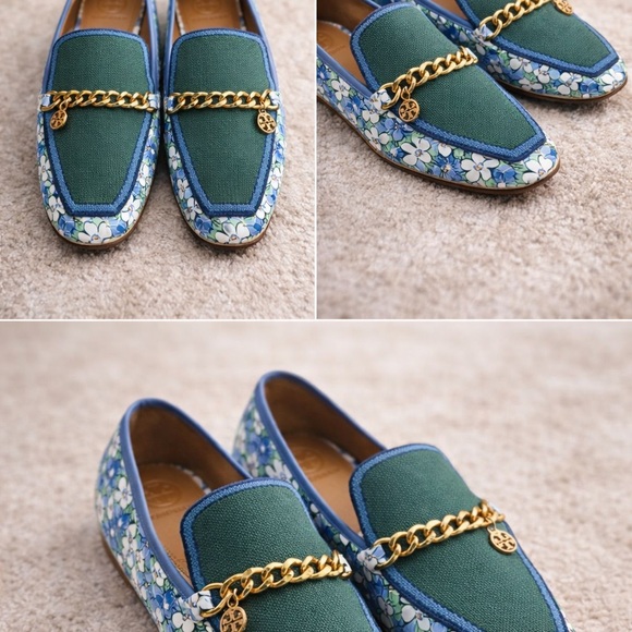 Tory Burch Chain loafers floral trim green/blue size 8